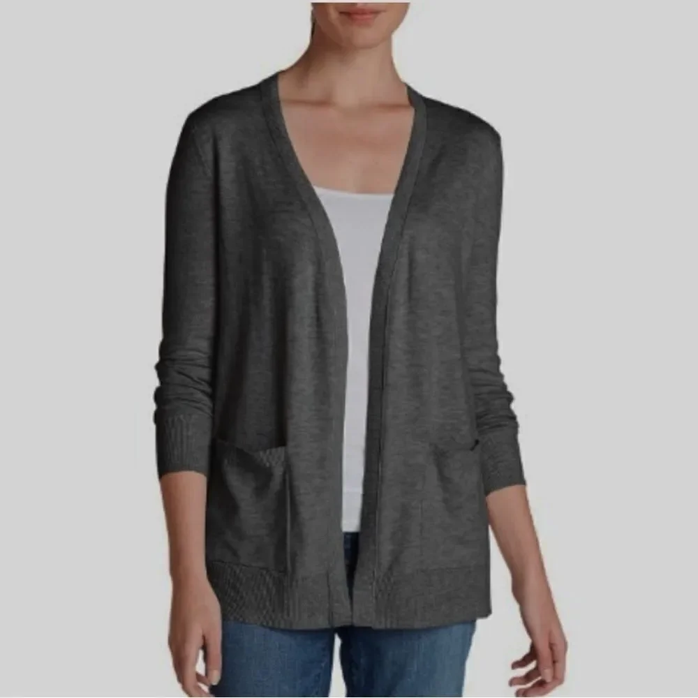 Eddie Bauer Christine Boyfriend Cardigan Dark Gray Open Front Knit Sweater